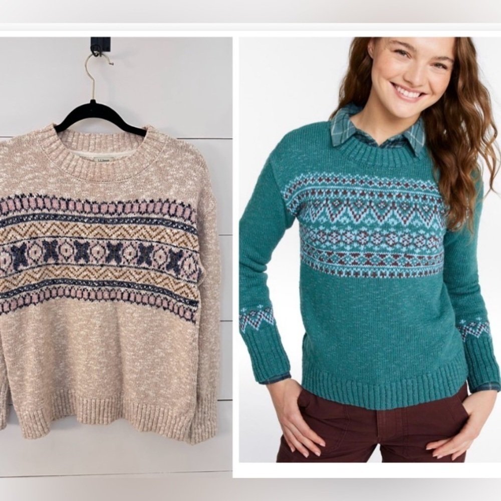 LL BEAN M VTG Y2K Cotton Ragg fair isle 100% cotton tan-blue crew neck sweater